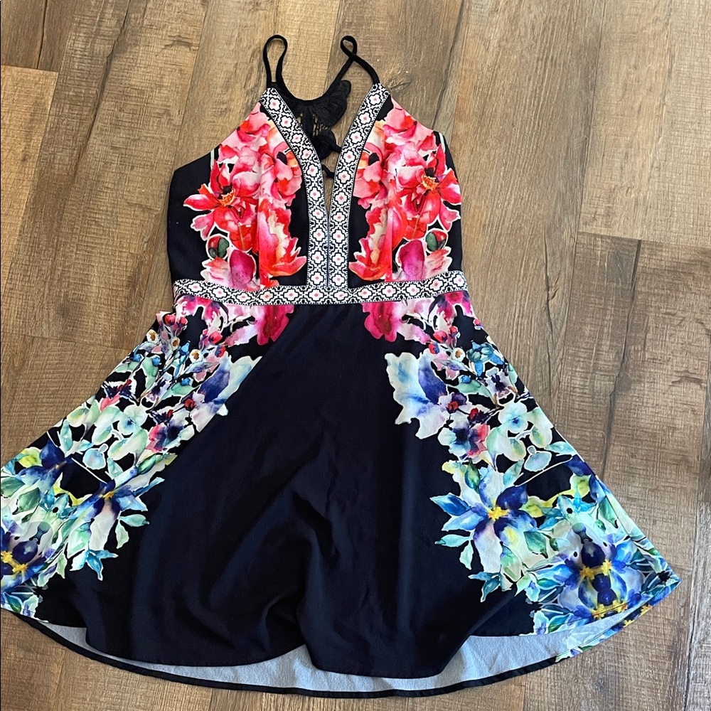 Lulumari Black Dress with Pink & Red Floral Panels